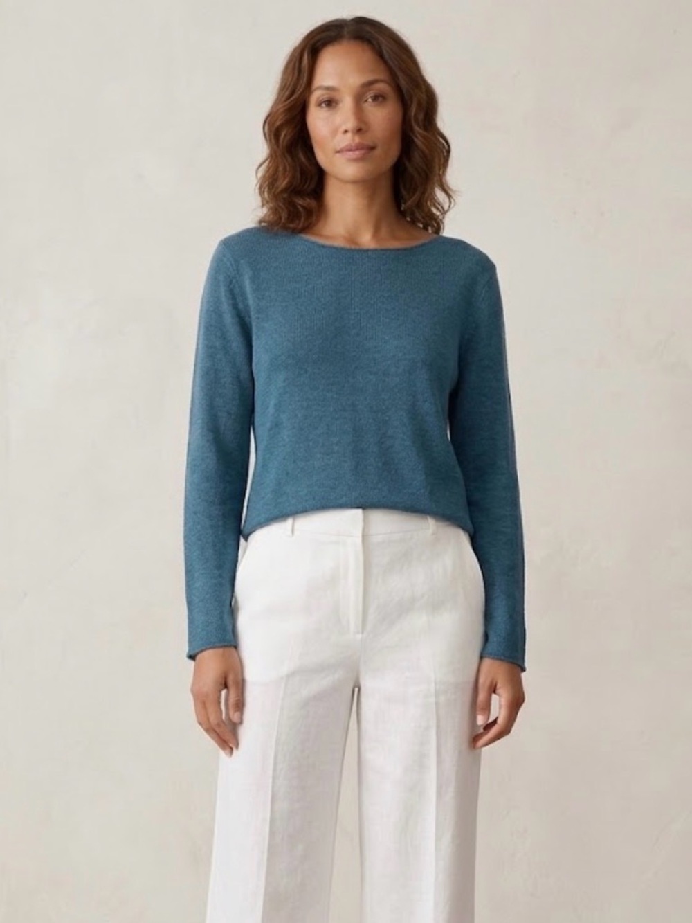 Eileen Fisher Fine Gauge Drape Linen Boatneck Knit Top Size PL